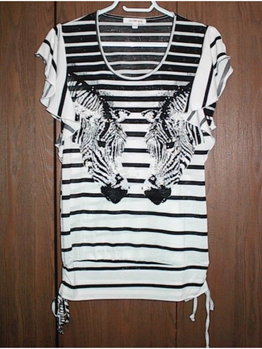 Black & White Striped Flutter Sleeve Tee with Zebra Print